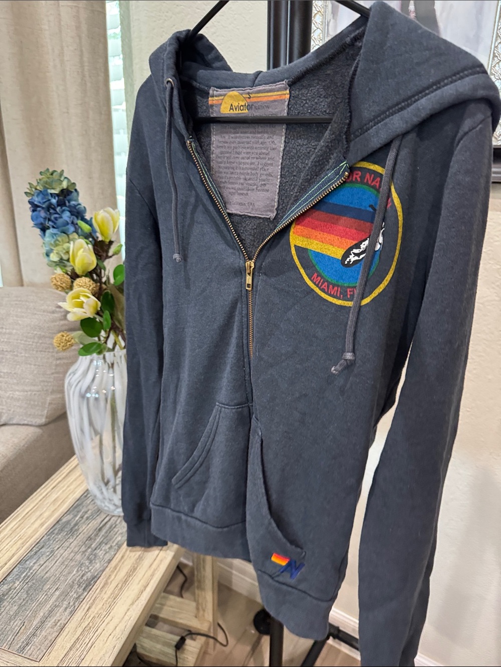 Aviator Nation Charcoal Zip Hoodie with Rainbow Patch